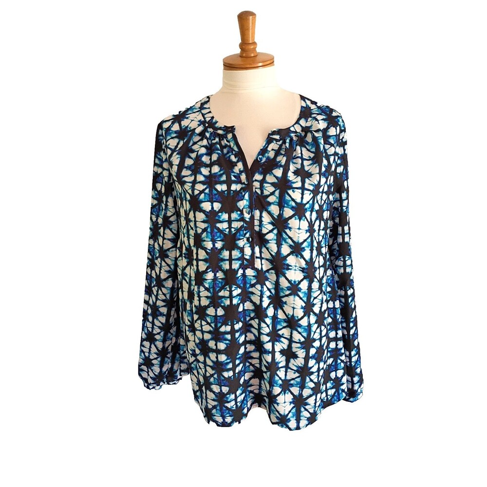 Tommy Hilfiger Blue Star Dye Printed Long Sleeve Top 5 Button Size Medium
